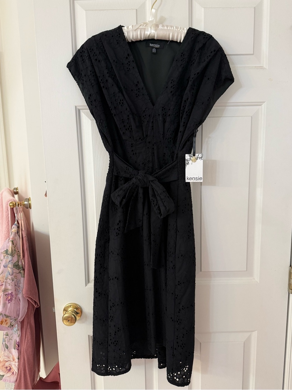 🖤kensie Black Eyelet Midi Wrap Dress with Waist Tie NWT - Picture 4 of 12